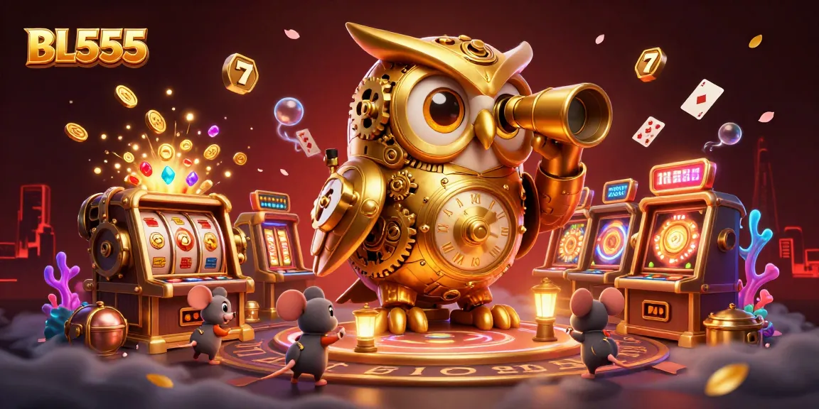 Experience thrilling gameplay at BL555 with a vibrant casino scene featuring spinning slot machines and golden treasures.