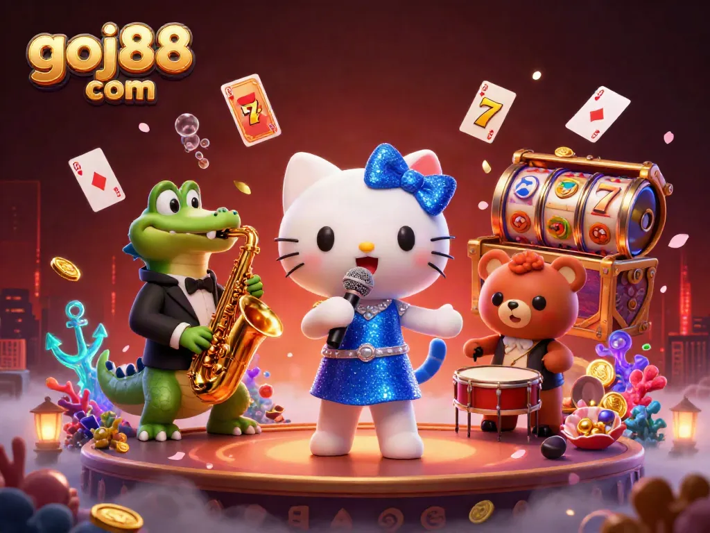 Experience vibrant casino excitement with goj88 com as a jazz-singer cat, crocodile, and bear play lively amidst dynamic gambling elements.