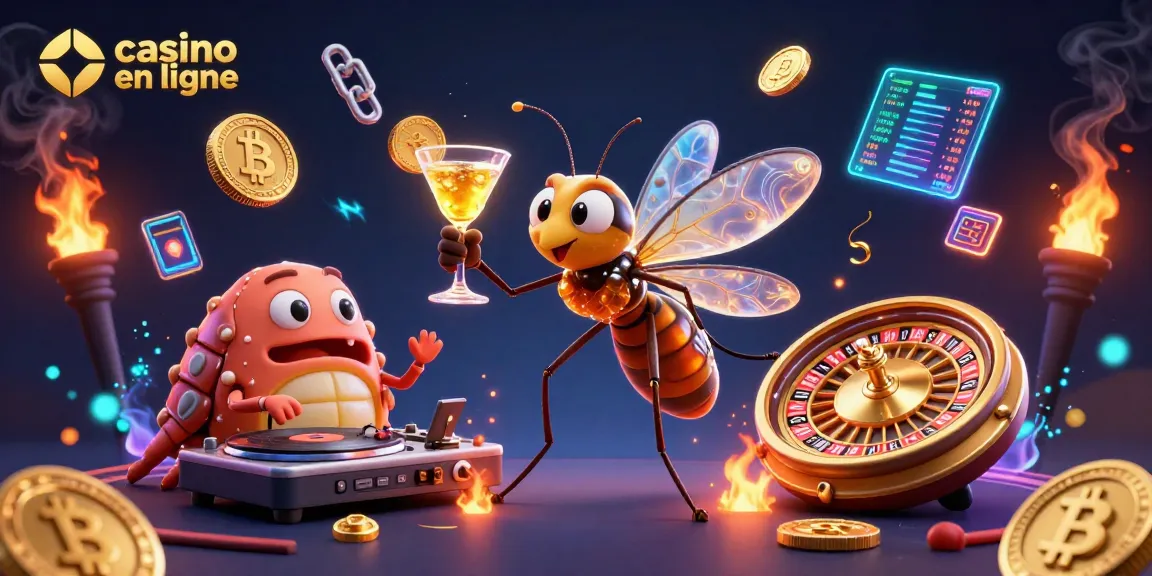 Un casino en ligne vibrant mettant en scène un moustique en ambre et des éléments de jeux, offrant une expérience immersive.