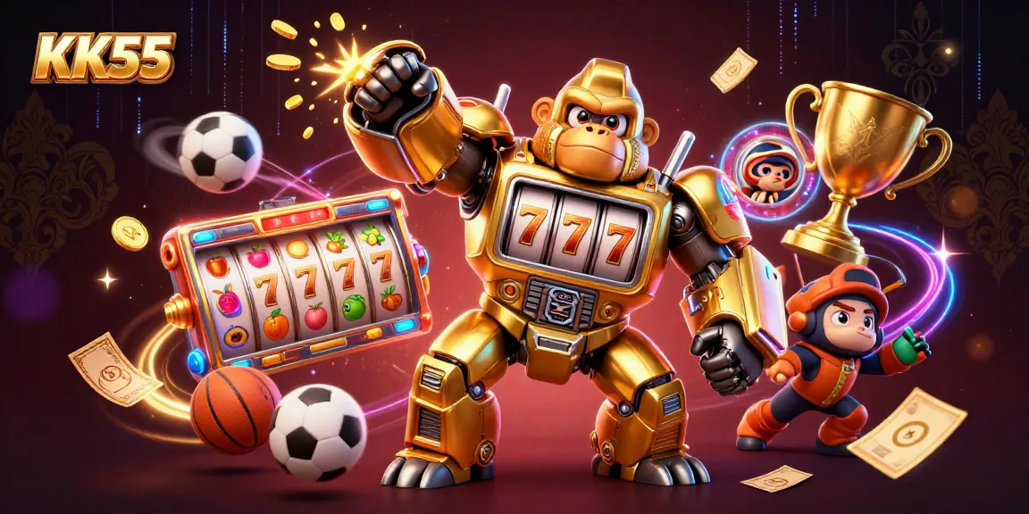 KK55 features a golden gorilla mech smashing coins with slot machine parts in a vibrant casino scene