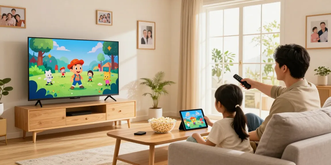 Expérience IPTV en famille dans un salon moderne avec une télévision connectée.
