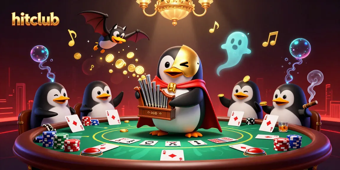 Hitclub players enjoy vibrant casino action with a 3D phantom opera penguin in an immersive gaming scene.