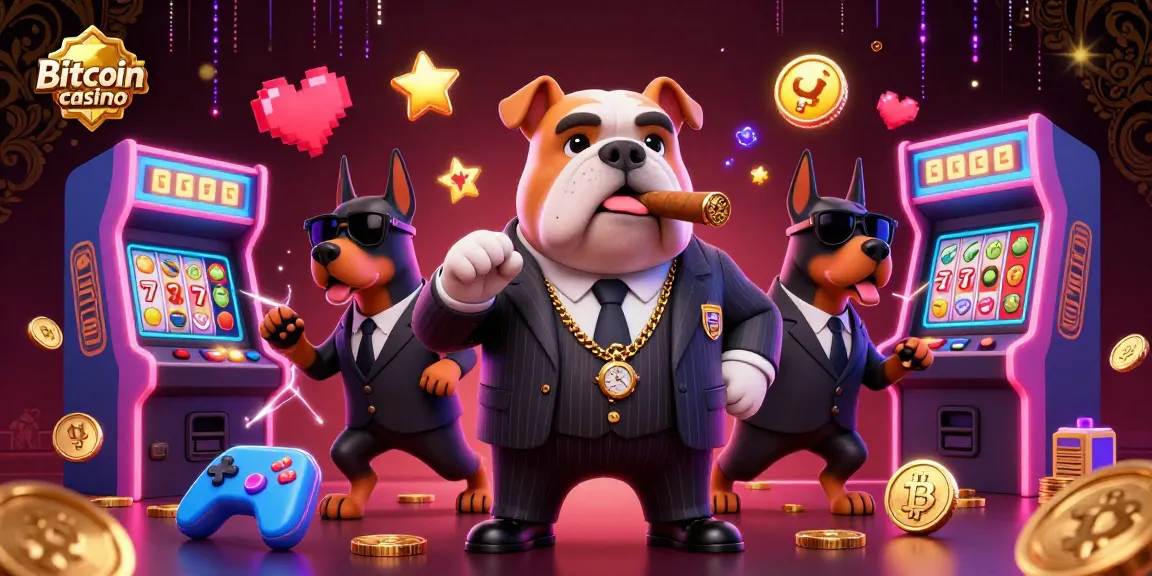 Plongez dans l'univers du Bitcoin casino avec des personnages dynamiques, machines à sous colorées et symboles de jeu.