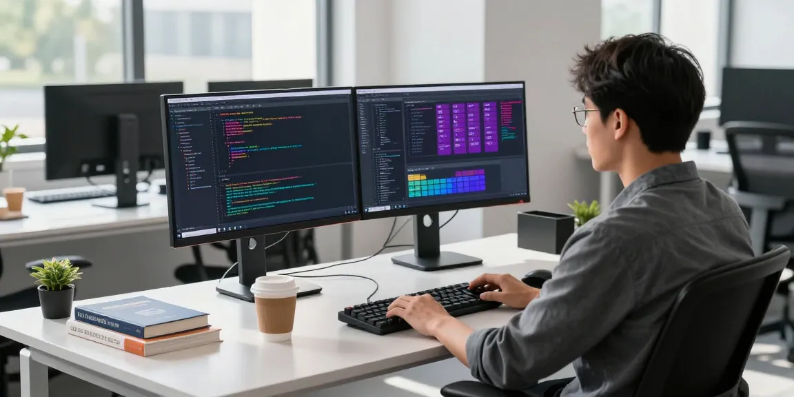 Developer at a modern workspace focusing on coding tasks with dual monitors, related to teiegramin.com.