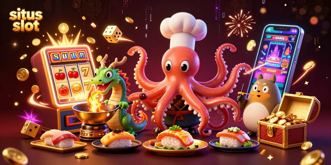 Permainan situs slot dengan mesin slot yang berlabel jackpot, chef sushi koral dan naga udara yang menunjukkan keseruan bermain.