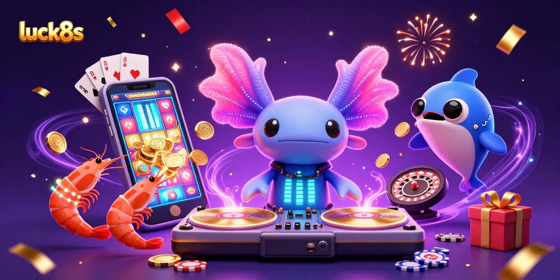 Join the fun at luck8s with a lively casino scene featuring a DJ axolotl, shrimp dancers, and vibrant gaming elements.