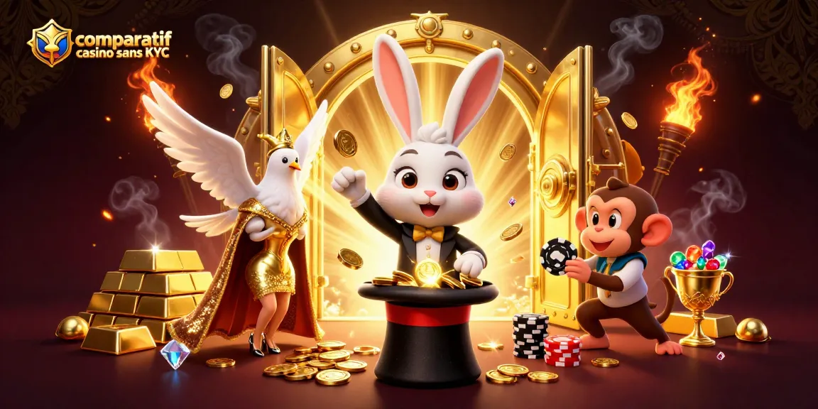 Comparatif casino sans KYC : illustration magique avec un lapin, une colombe, et un singe dans un monde de jeux d'argent