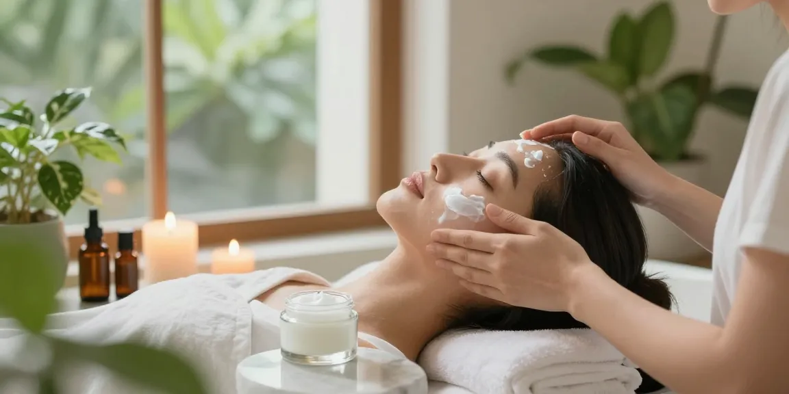 Woman applying Vitamin Rich Facial Balm in a serene spa environment, surrounded by candles and plants.