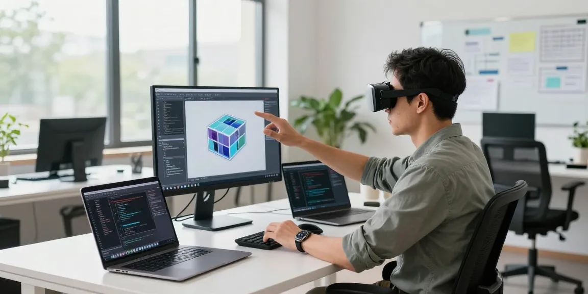 Innovative user experiencing AR glasses in a modern workspace with virtual design tools.