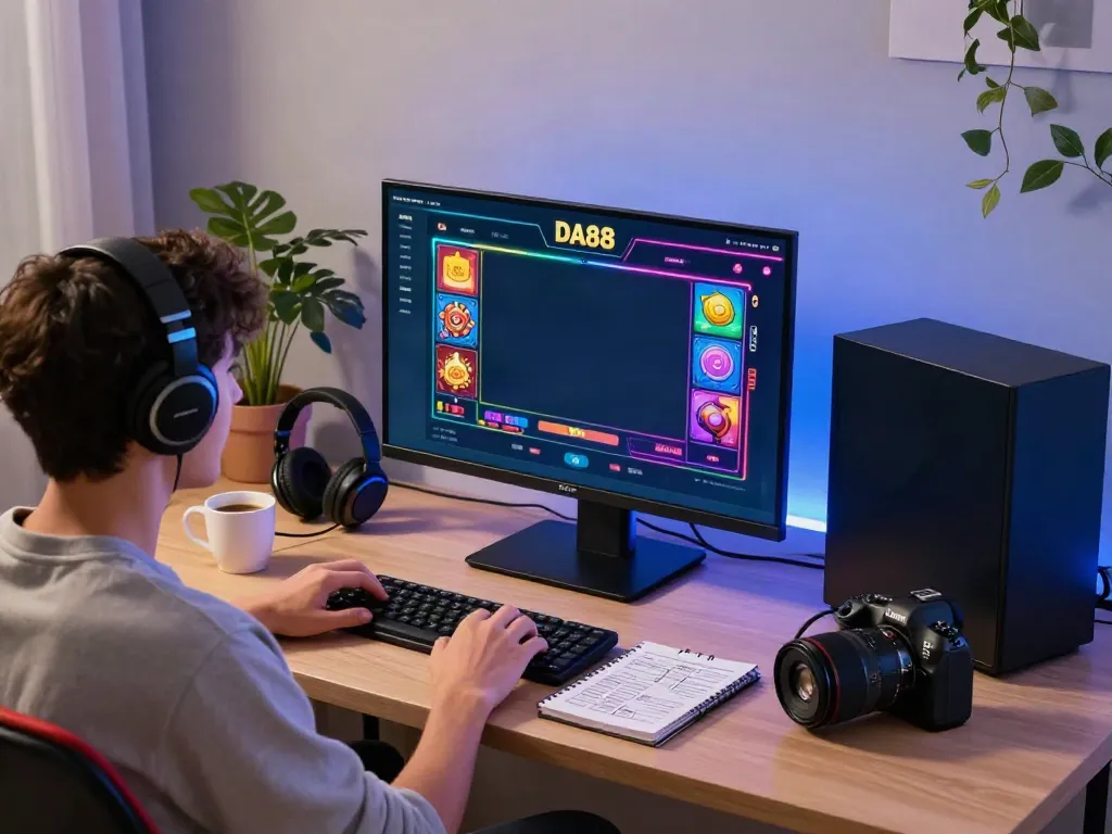 Player enjoying slot games on DA88 website with vibrant graphics and modern gaming setup.