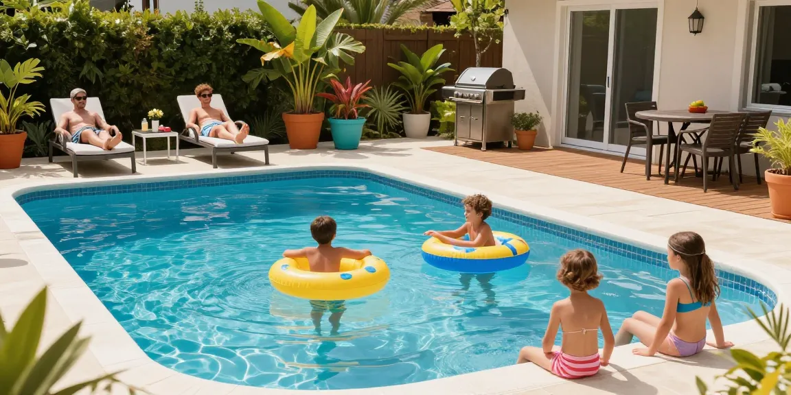 Enjoying a family day by the pool while emphasizing the importance of održavanje bazena for clear and safe water.