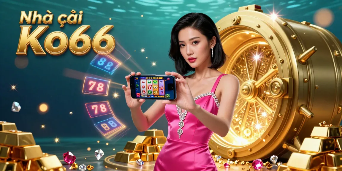 Engage with Nhà cái Ko66 featuring an Asian woman in a hot pink dress showcasing a live dealer game on her smartphone.