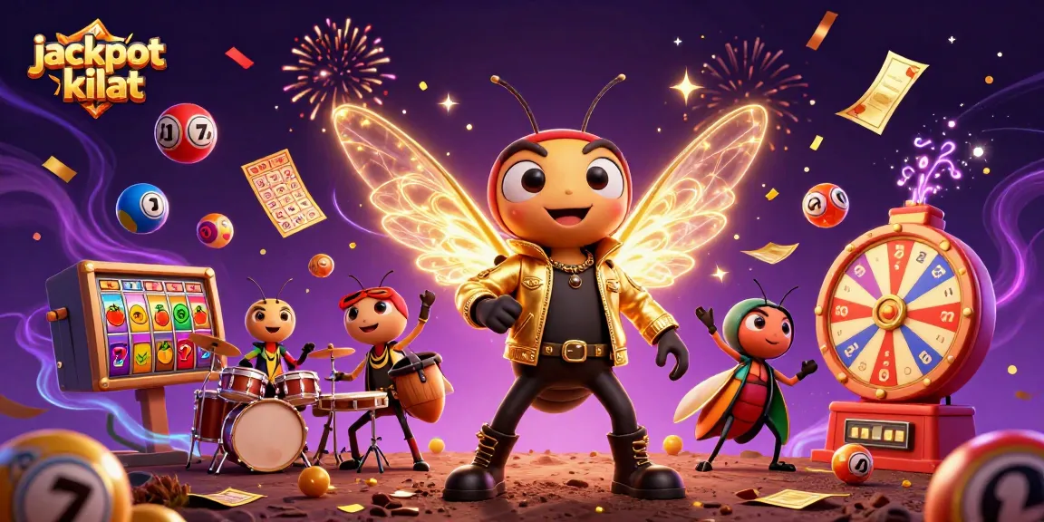 Experience jackpot kilat with a vibrant casino scene featuring a rock star cicada and dynamic slot elements.