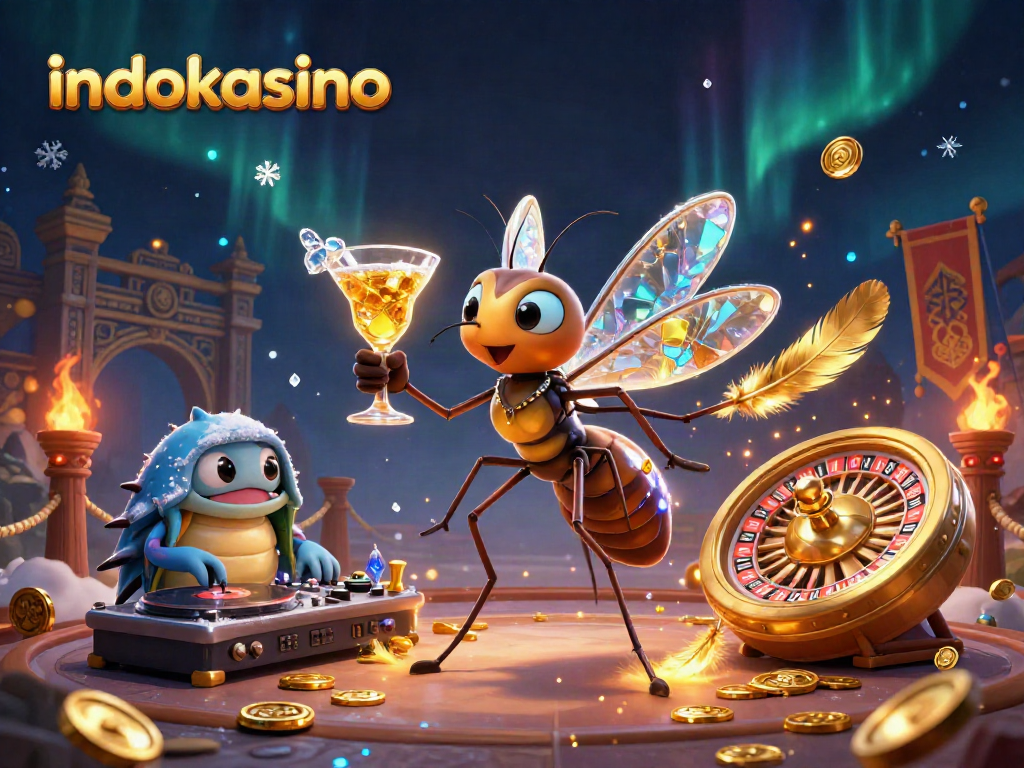 Bermain di indokasino dengan maskot kasino nyamuk beku, DJ trilobite, dan roda roulette keemasan.