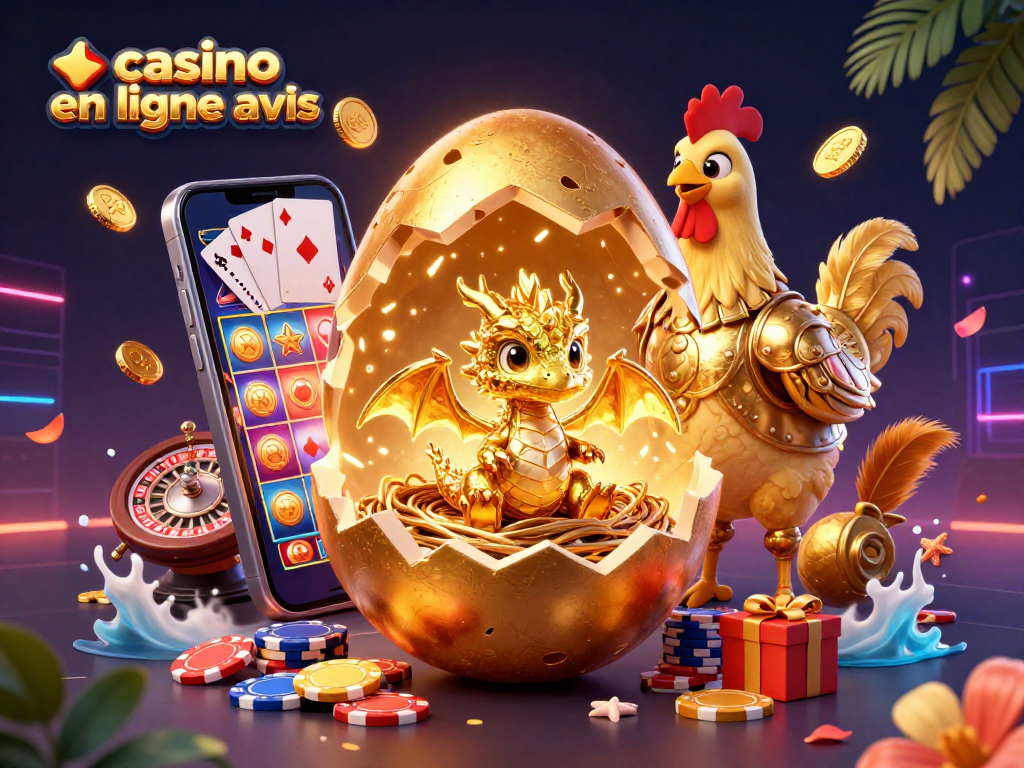 Découvrez le casino en ligne avis à travers une illustration captivante de jeux et un dragon d'or.