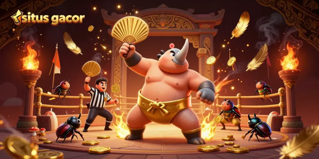 Ilustrasi 3D menarik situs gacor dengan karakter kejuaraan keong rhinoceros, koin emas yang menerbang.