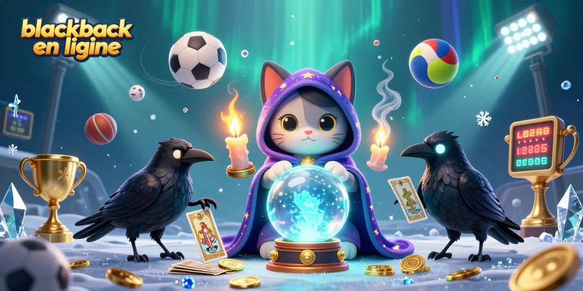 Gagnez au blackjack en ligne avec un chat voyant et un corbeau dans une atmosphère mystique.
