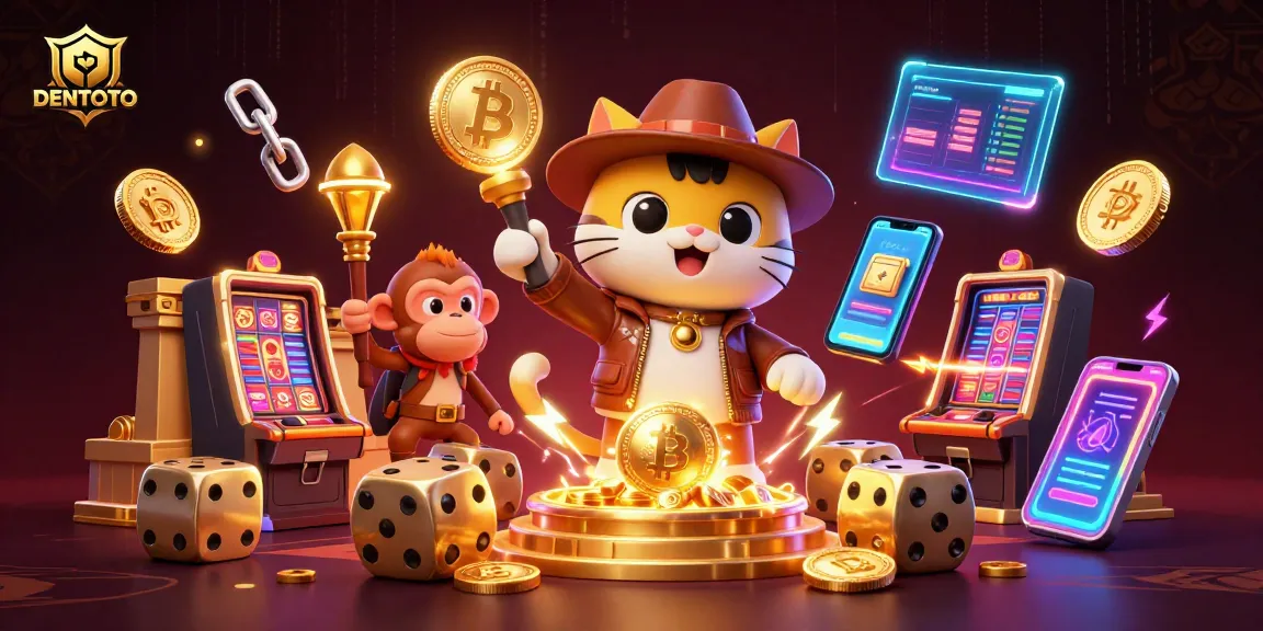 DENTOTO showcases a cartoon cat archaeologist discovering casino treasures in a dazzling scene.