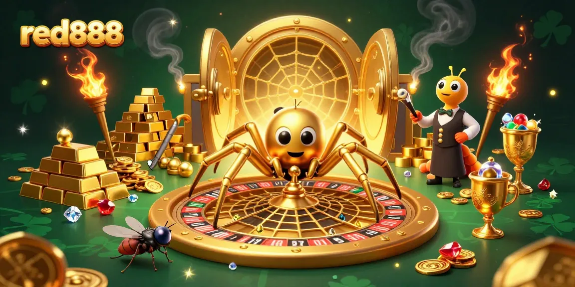 Place bets at red888 as a fly interacts with a golden spider roulette web scene.