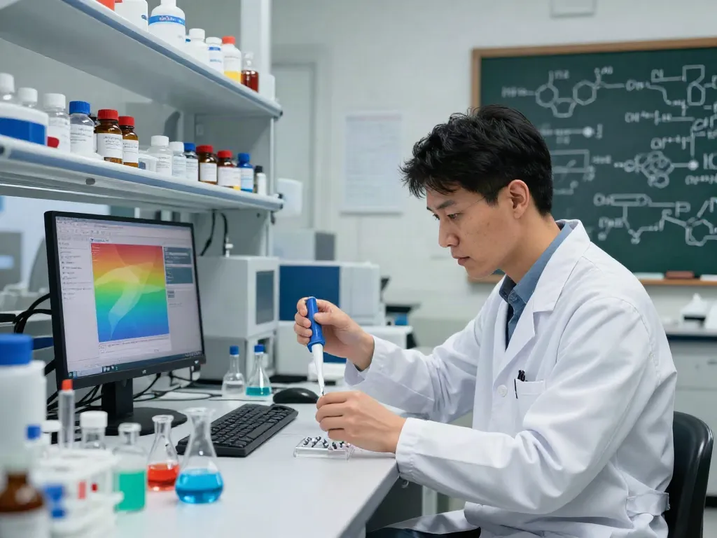 Researcher analyzing SwissChems peptides in a modern lab environment.