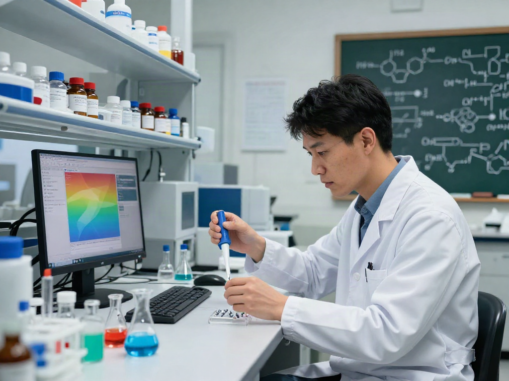Researcher analyzing SwissChems peptides in a modern lab environment.