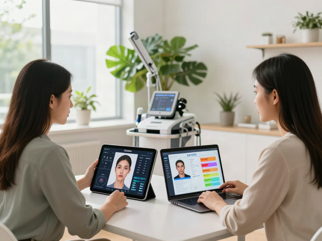 ClinicEvo vs QOVES comparison in a modern consultation room, showcasing two individuals reviewing AI-generated facial analysis reports for personalized aesthetic health assessments.