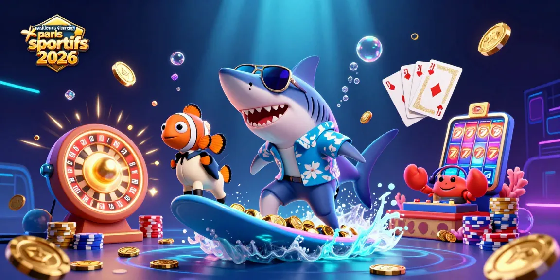 Les meilleurs sites de paris sportifs 2026 : Un requin en chemise hawaïenne surfe sur des pièces d'or, entouré de jeux de casino animés.