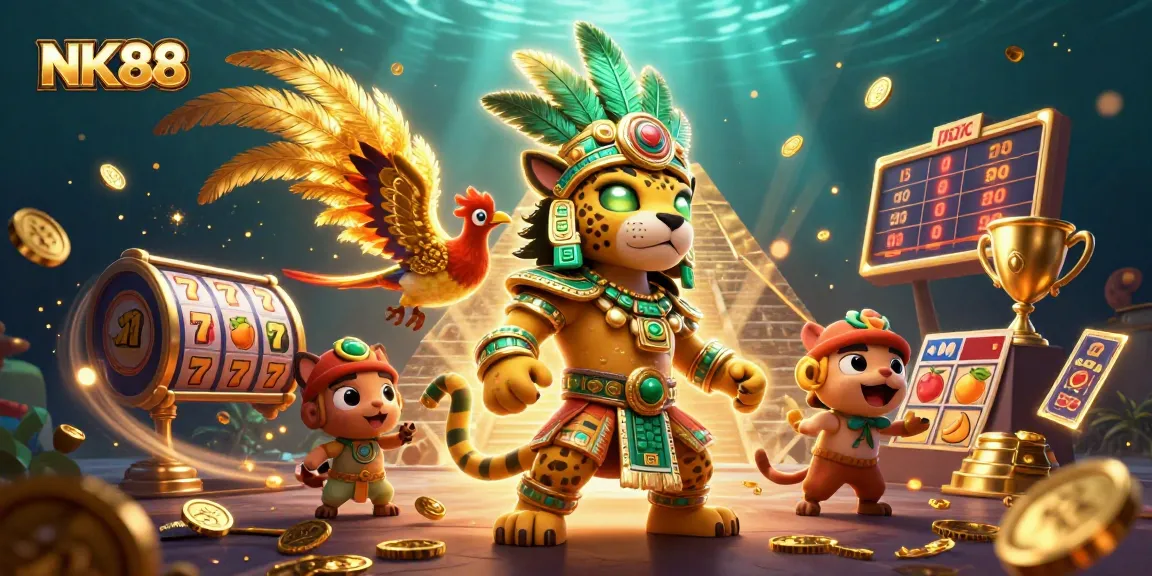 Bet big with NK88 in this vibrant casino scene featuring lively slot elements and dynamic characters.
