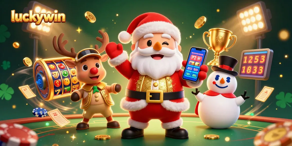 Spin and win at luckywin with Santa's jackpot slots in a vibrant casino scene!