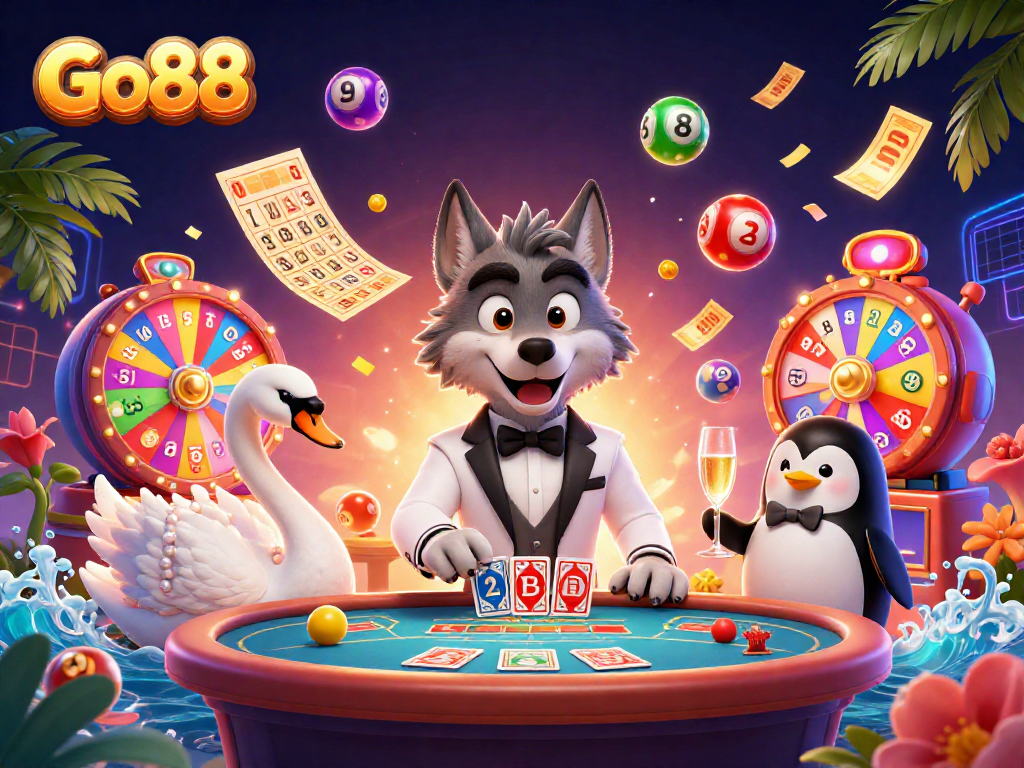 Go88 features an animated scene with characters engaged in interactive casino gaming.