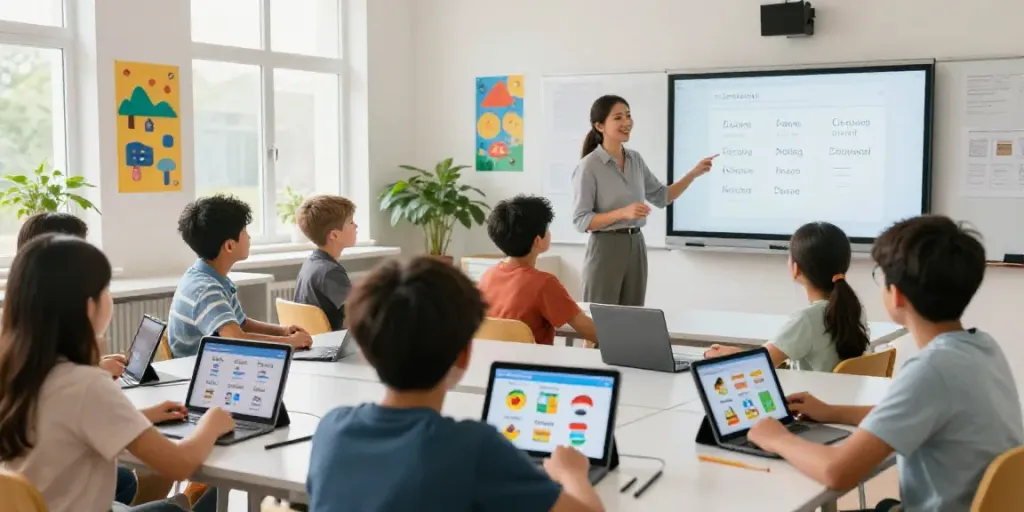 Situs toto interactive language learning scene in a modern classroom with engaged students and digital tools.