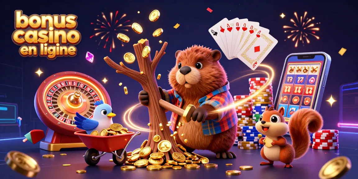 Bonus casino en ligne : illustration 3D d'un castor en train de couper un arbre tombant des pièces d'or.