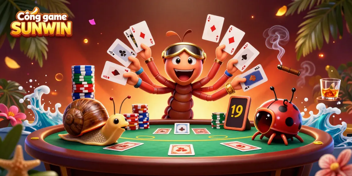 Experience Cổng game SUNWIN with epic gameplay as a millipede dealer fans cards and a high-rolling snail pushes chips.