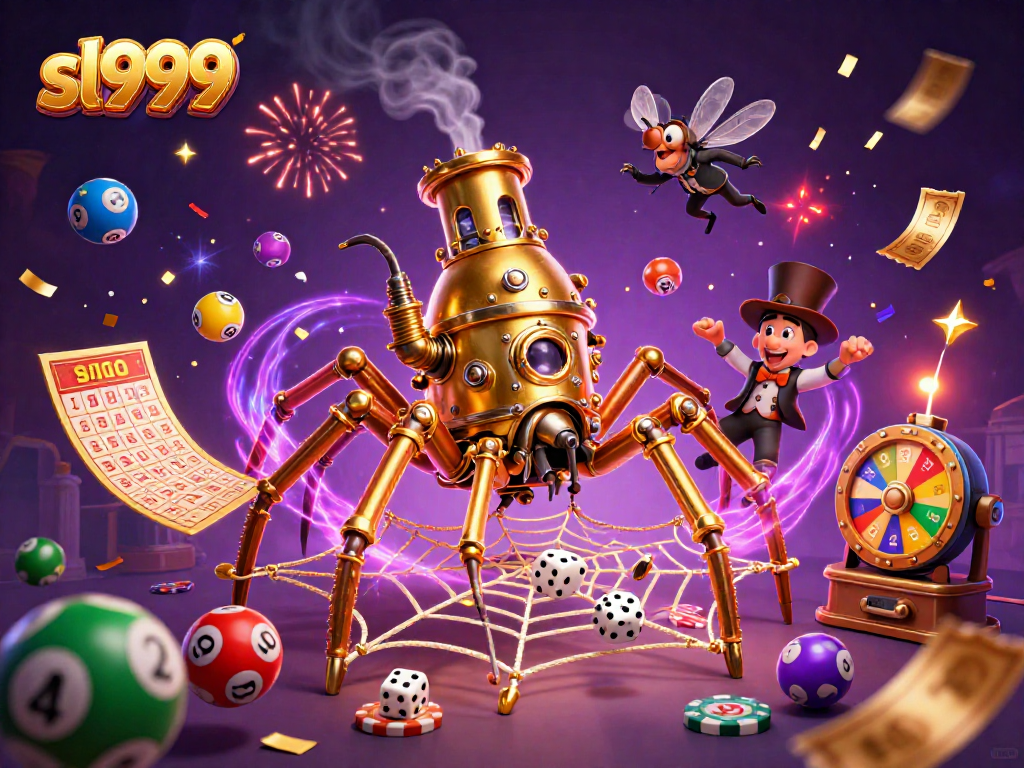 Experience the thrill of sl999 with a steampunk spider and colorful lottery balls!