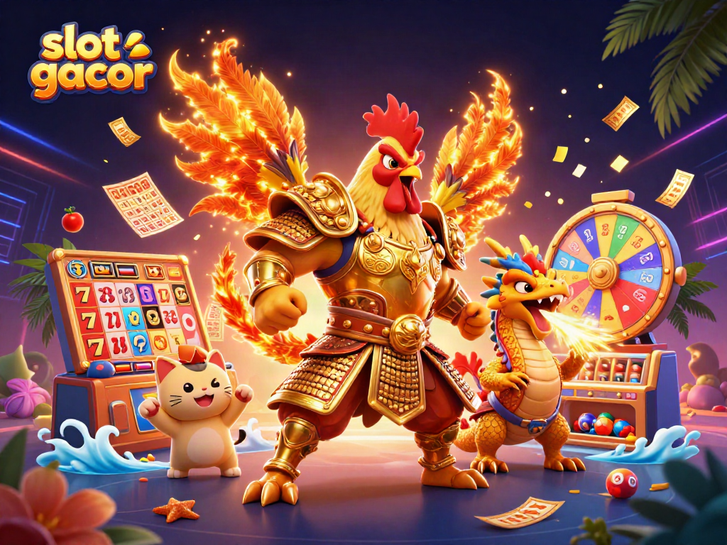 Experience the excitement of slot gacor with a dynamic scene featuring a fighting rooster and dragon amidst vibrant casino elements.