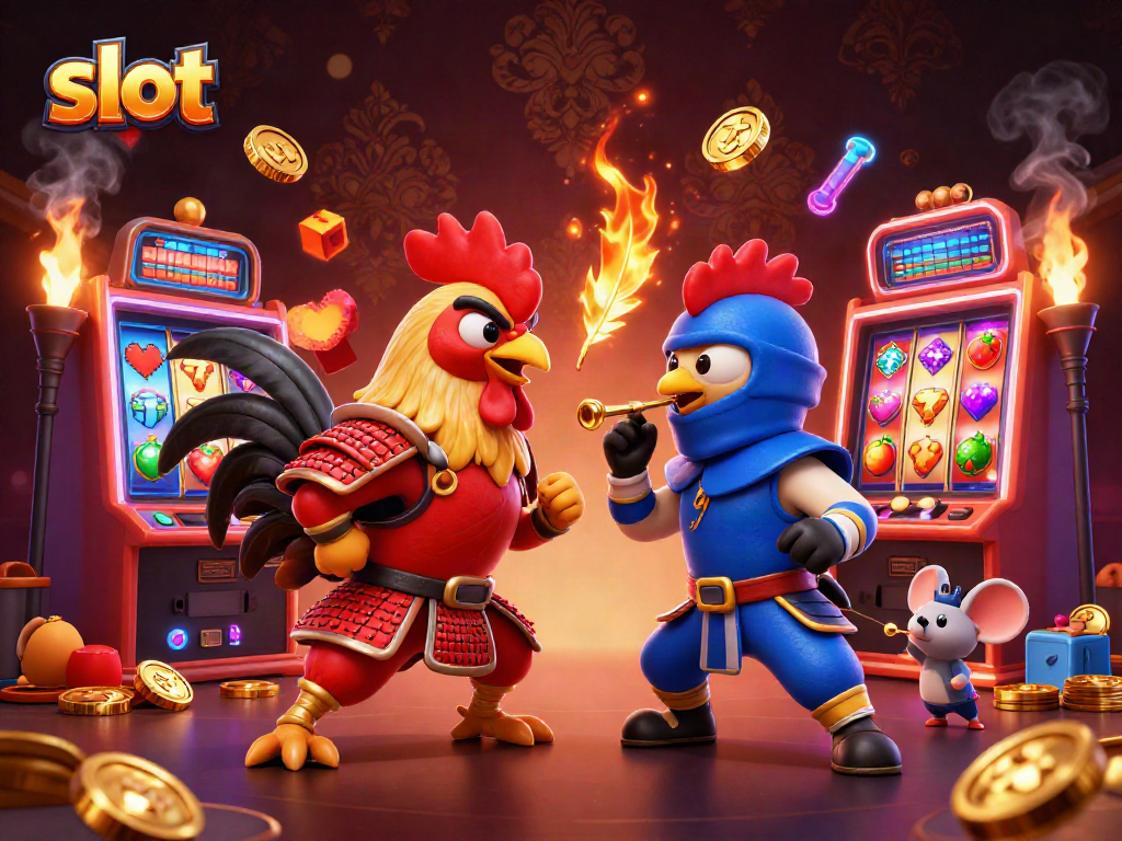 Engaging scene with twin fighting roosters and vibrant slot machine elements showcasing excitement in gambling