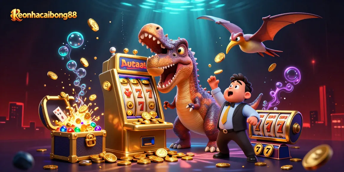 Engage in exciting action at keonhacaibong88 with cartoon characters interacting with a golden slot machine and flying coins.
