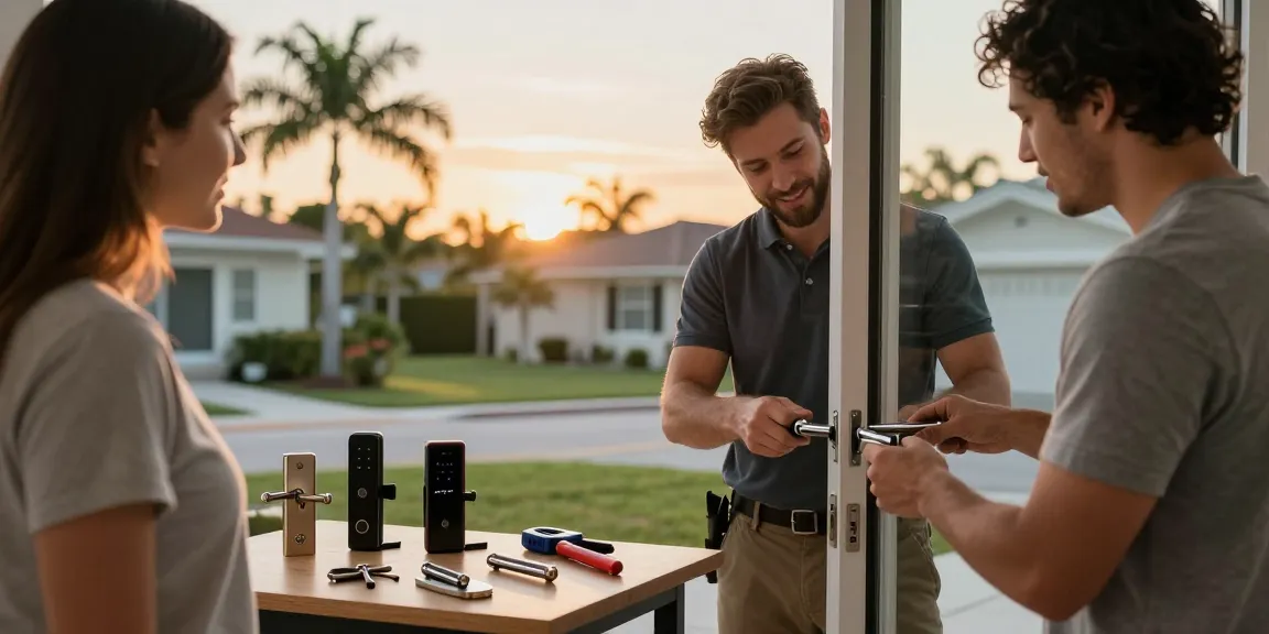 Professional Fort Lauderdale locksmith assisting with a door lock repair at sunset, showcasing trust and expertise.