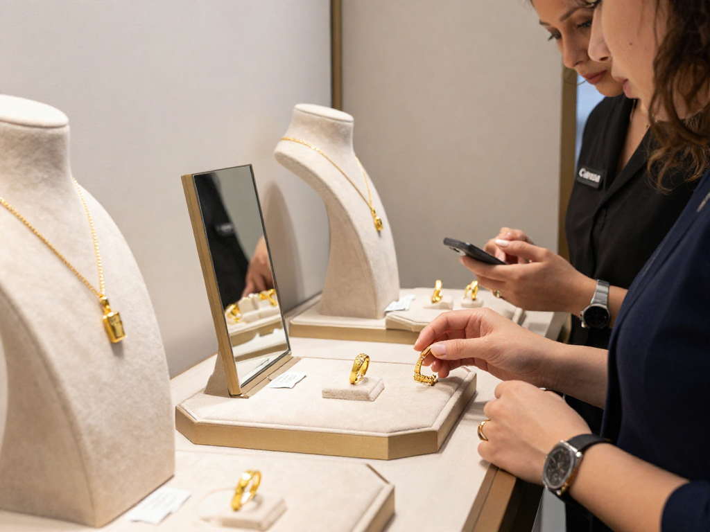 Buying gold jewelry at luxury store showcasing mantra 88 jewelry.