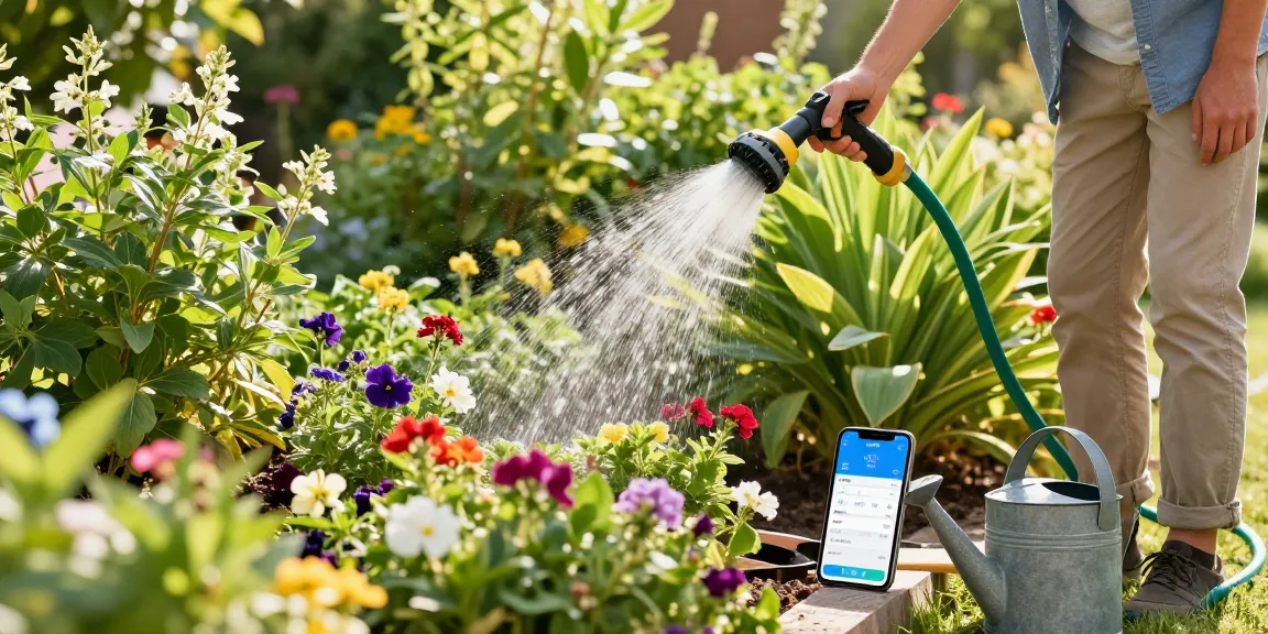 Homeowner using the best hose nozzle to maintain vibrant garden plants.