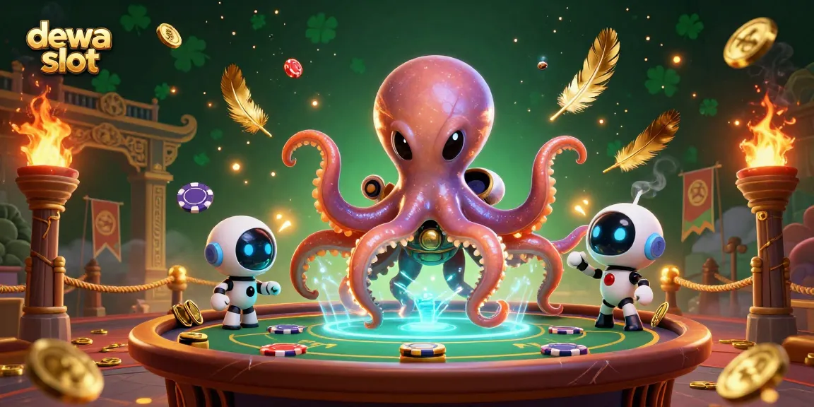 Engage with the thrilling world of dewa slot as the alien octopus shuffles poker chips in this dynamic digital casino scene.