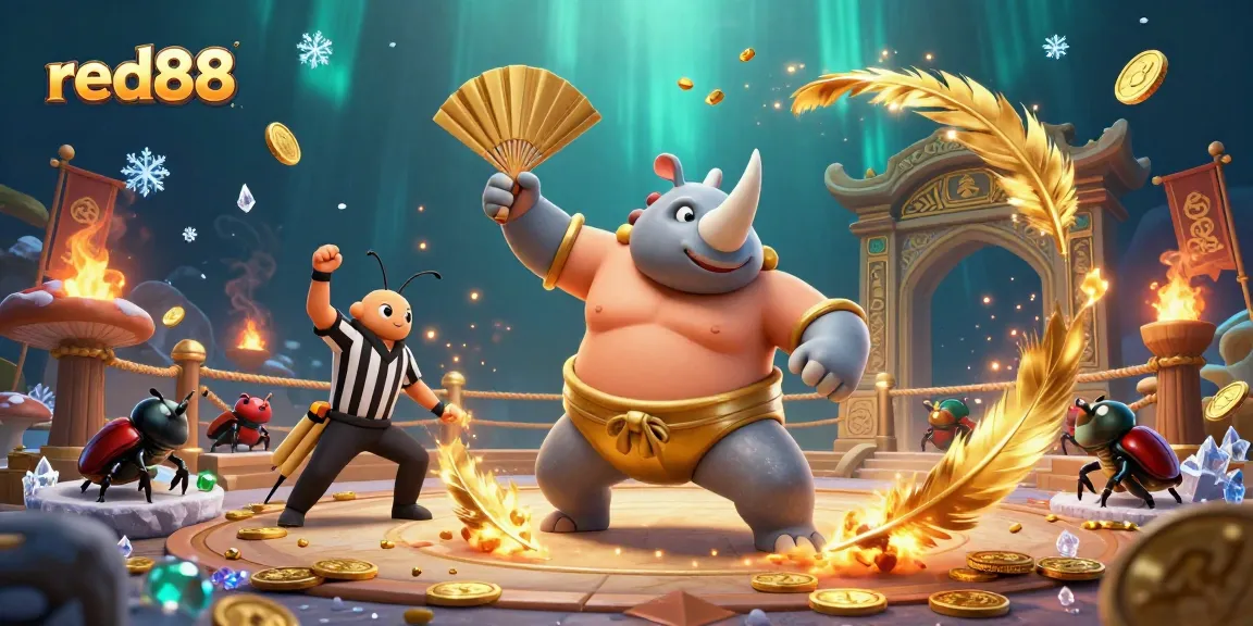 red88 features a powerful sumo beetle champion in a vibrant casino arena with flying coins and spectators!