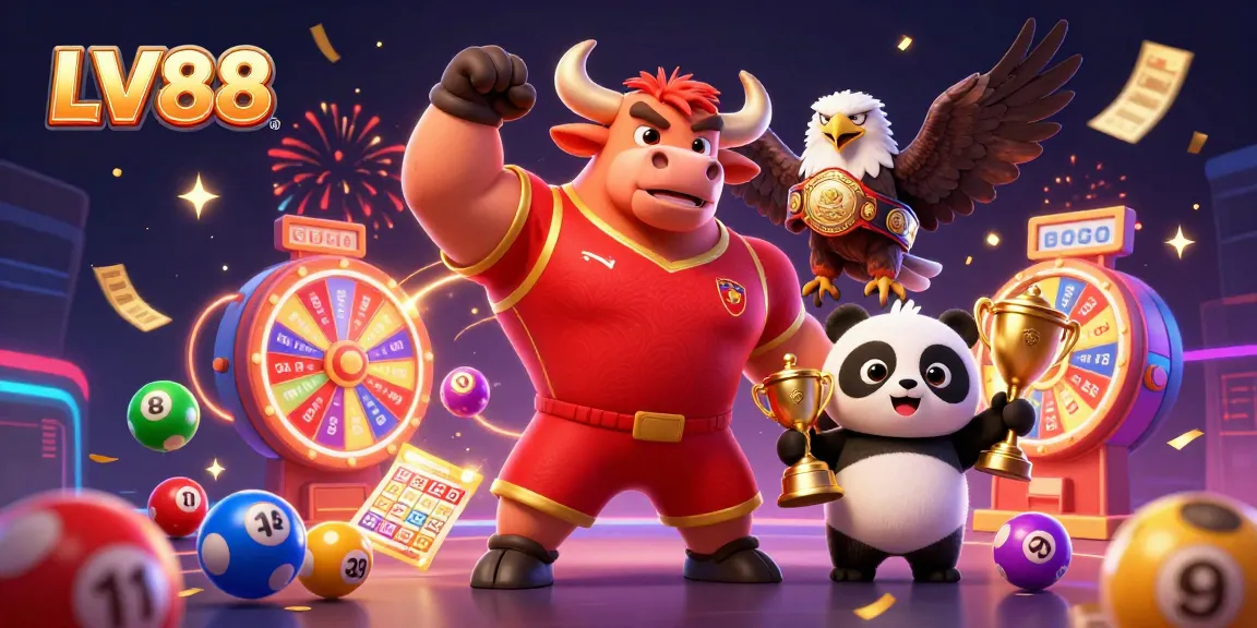 Experience the thrills of LV88 with a dynamic casino scene celebrating winning games and jackpots.