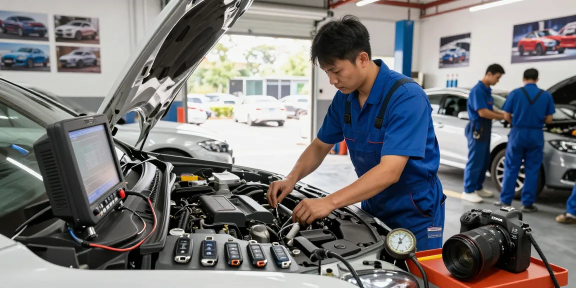 Mechanic examining Flying Dragon Car Key in automotive workshop with tools and car parts.