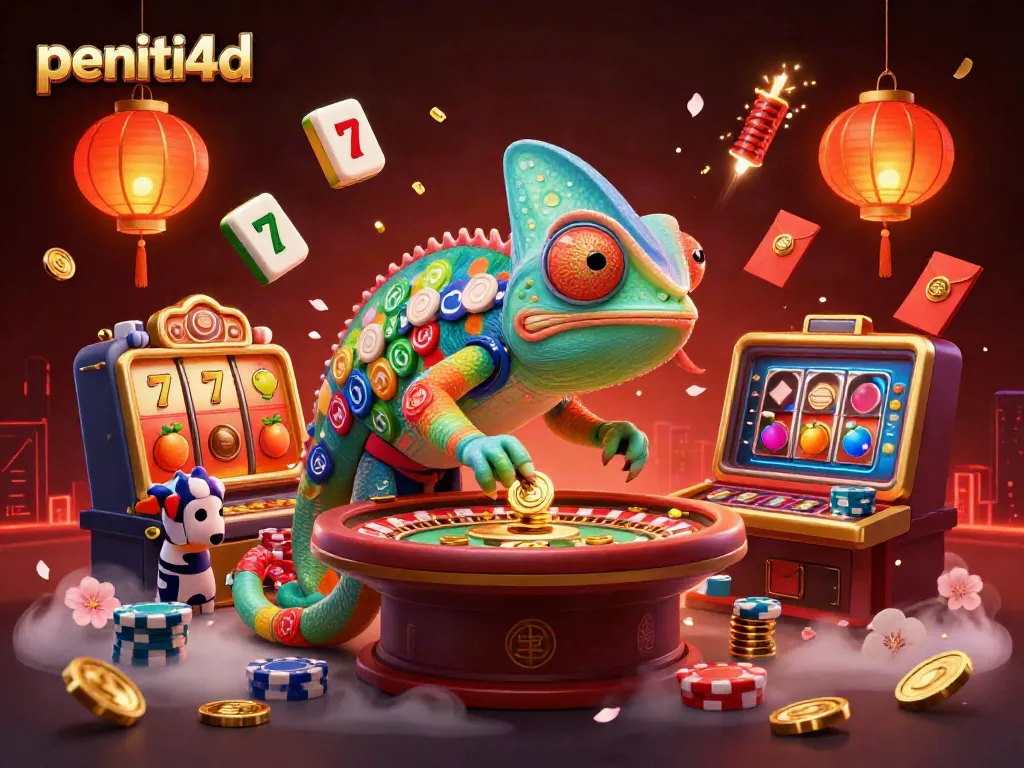 Permainan slot online di PENITI4D dengan tumpukan chip berwarna-warni dan simbol keberuntungan.