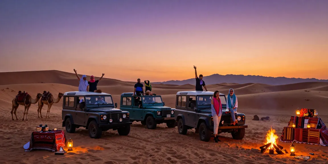 Tourists discovering a stunning desert landscape at sunset during their safari experience.