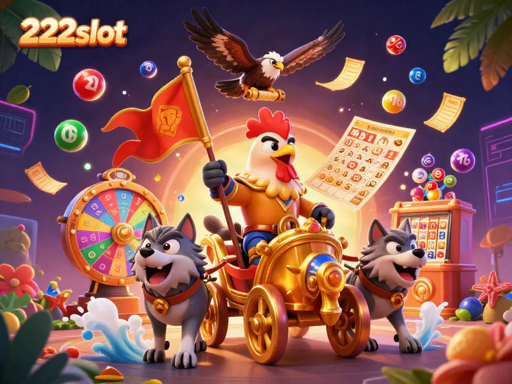 Menangkan jackpot di 222slot dengan ilustrasi berwarna-warni dan elemen permainan slot yang menarik.