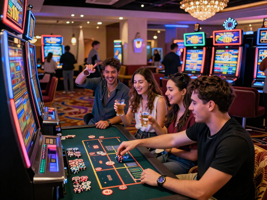 Group enjoying the slot depo 10k gaming experience in a lively casino.