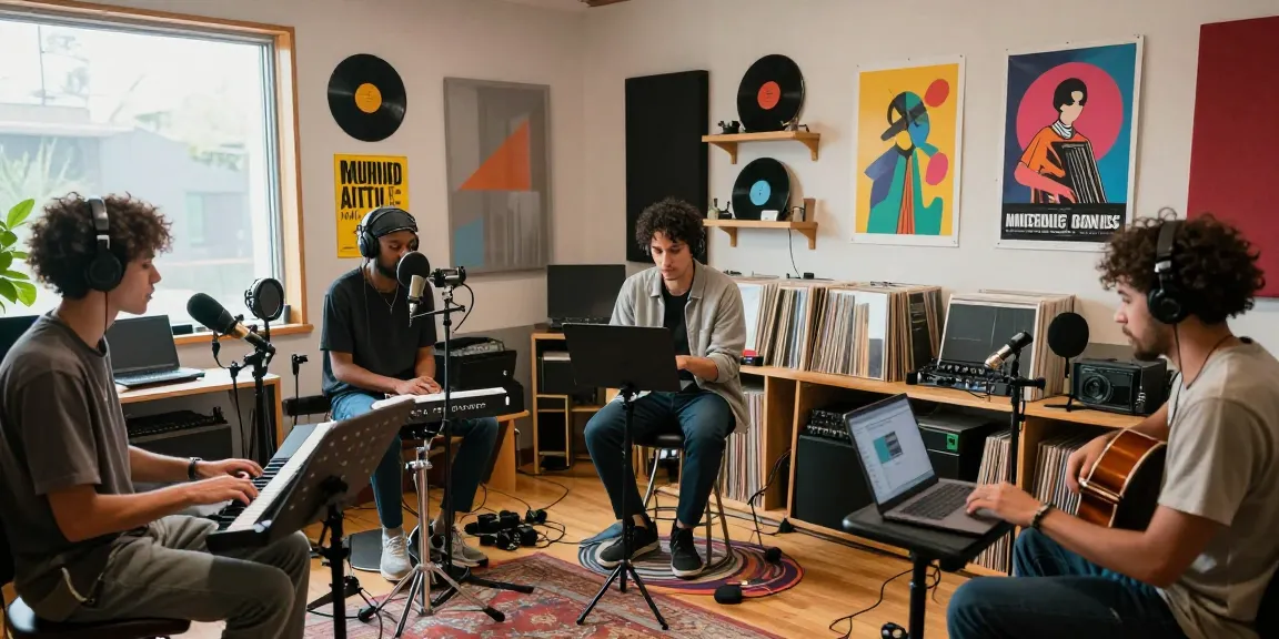Independent artists collaborating in a vibrant studio for music promotion.