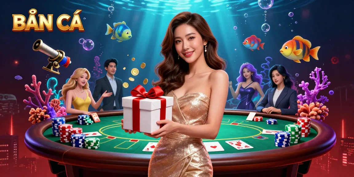 BẮN CÁ into a colorful underwater scene with an Asian woman, fish game cannon, and vibrant sea creatures.